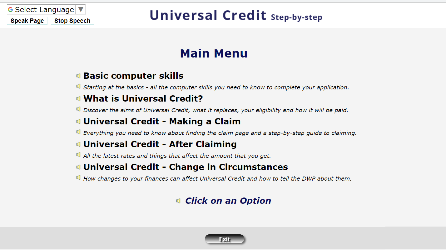 Universal Credit - main menu