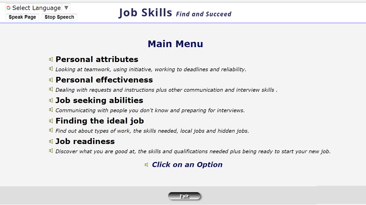 Job Skills - main menu